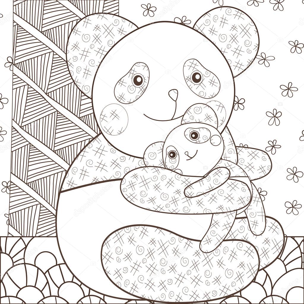 Desenho para colorir bonito panda abraçando seu bebê. Caprichoso